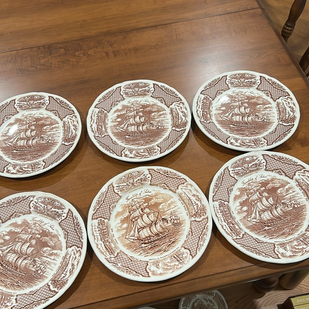 Brown and White Transferware Set of Dinnerware, Plates Alfred Meakin Fair Winds​